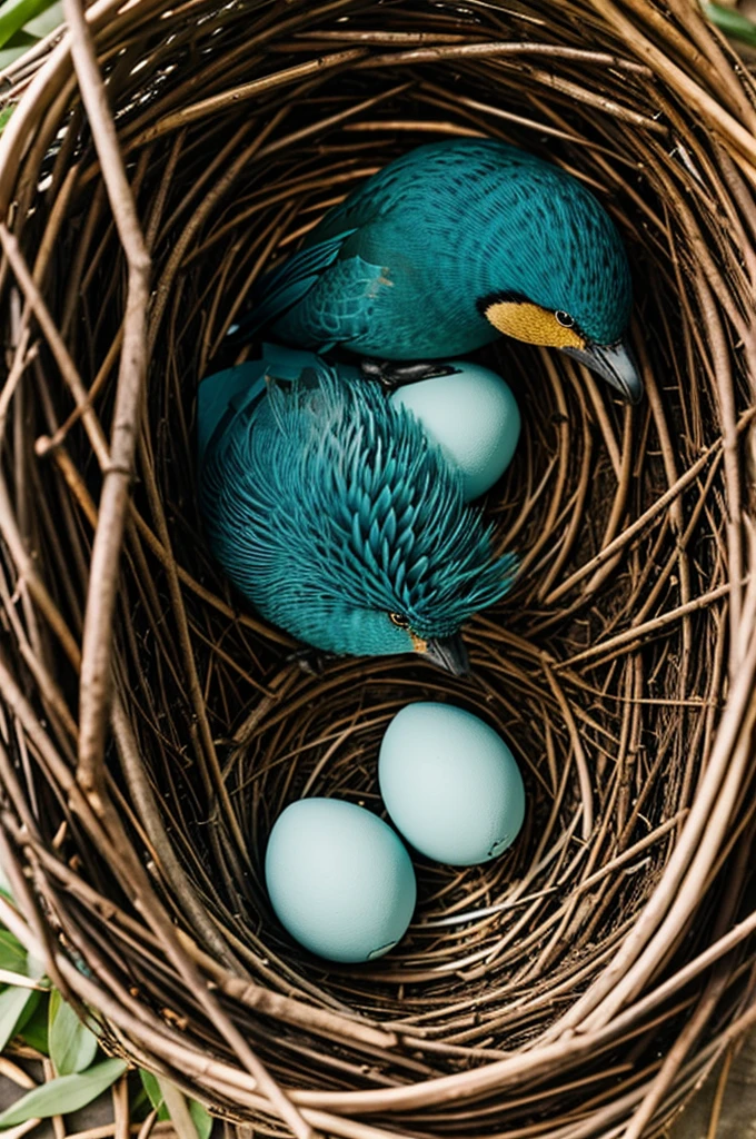 A teal bird lays her nest egg