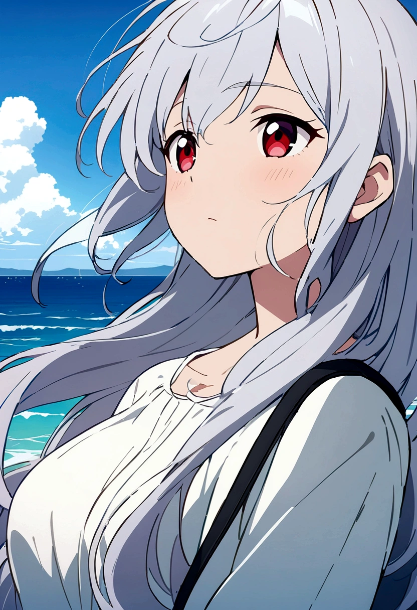 Anime Wallpaper、One Man、Silver Hair、Red eyes、Gentle expression、Ocean、Masterpiece、Highest quality、Anime Style