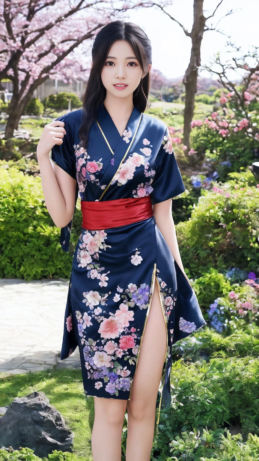 最high quality、high quality、Best image quality、8K、最High resolution、High resolution、最high quality、masterpiece、RAW Photos、whole body写真、Detailed and realistic human body、Detailed and realistic skin、Realistic face in every detail、Detailed and realistic eyes、Detailed and realistic lips、Detailed and realistic teeth、Detailed and realistic ears、Detailed and realistic hair、Realistic reproduction of every detail、((Beautiful Hands(thumb１、reference４))、Realistic feet down to the last detail、((Beautiful Japanese Girl))、(Japanese Model)、((18 year old beautiful girl))、(Black Hair)、(Random Hairstyles)、((whole body))、((Slim and perfect figure))、(Beautiful and firm breasts)、(whole body光沢肌、Fair skin)、Soft natural light、Mini Chinese Dress、Mini Kimono、Ninja costume、Japanese tradition、Japanese garden、((Colorful floral pattern(Ninja costume))、((Relax in the garden(Poses to make your thighs look beautiful))