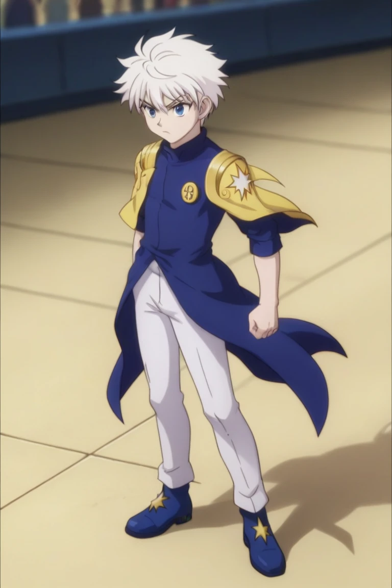 (best quality:1.1), (masterpiece:1.4), ,( full body), depth of field, 1boy, solo, male focus, killua_zoldyck, white hair, blue eyes , , , bend lightning power,( (background black))