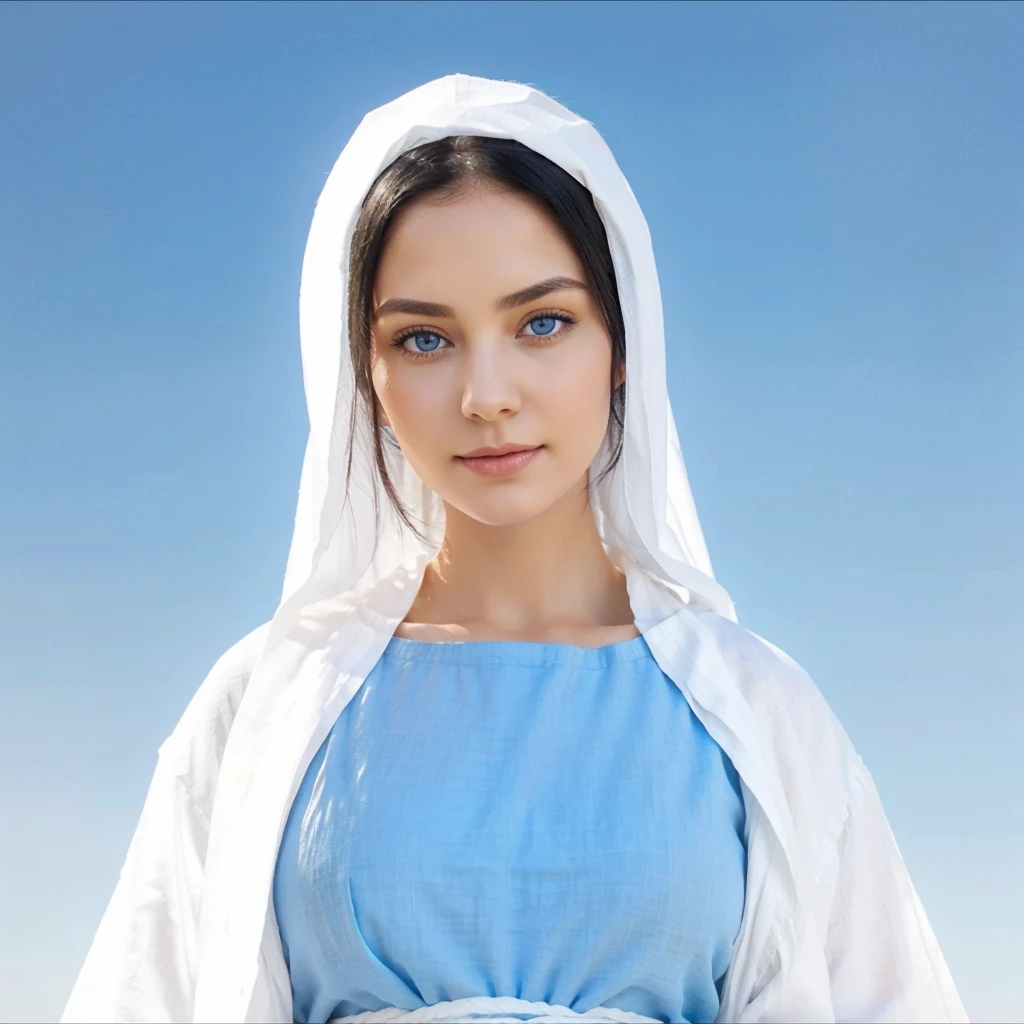 Beautiful woman with light blue eyes, Black hair. White linen tunic with wide, long sleeves, fitted at the waist with an interlaced white sash. Delicate female face with slight smile.