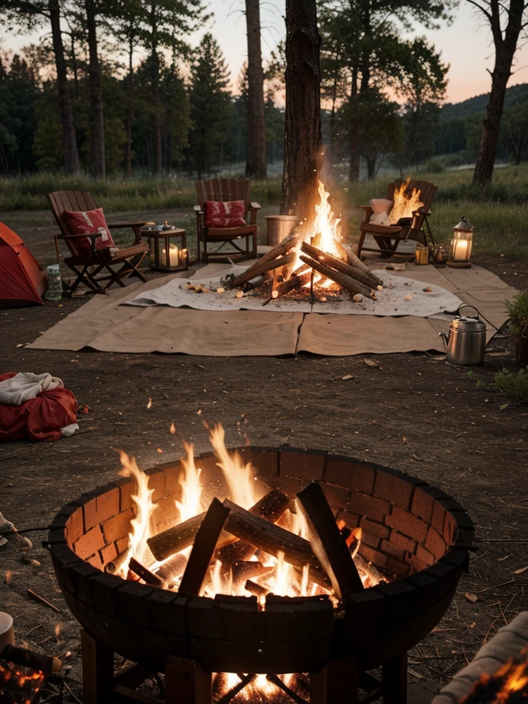 a close up of a campfire with a tent and grill, camping, campfire in background, peaceful environment, setting in nature, camp fire, cooking it up, beautiful environment, summer setting, ❤🔥🍄🌪, campfire, with fire, barrel fires and tents, outdoors setting, beautiful setting, chill time. good view, everything in fire, fire in the background