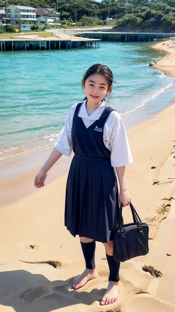 ((Highest quality, 8K, masterpiece: 1.3)), Sharp focus: 1.2, The seaside dyed in the sunset、Playing in the water alone、Cute Japanese Schoolgirl、Straight black hair up to the shoulders、Bangs are cut straight above the eyebrows、Traditional Japanese Uniform、The uniform is a sailor top with a white collar and navy blue lines.、Navy blue pleated skirt、A red scarf on the chest of the top、Roll up the sleeves of your uniform to your elbows、The hem of my skirt is a little wet too.、Walk barefoot on the sandy beach、The waves wash up at my feet、The legs are small and white、There is fine sand on my toes、Having fun on the beach、Scooping up seawater with your hands、Water touching my feet、A little bounce、They seem to be having fun.、The vast blue sea and white sand、Beautiful orange sky at sunset、A small island in the distance々、Seagulls are flying around、The beach is littered with small shells and driftwood.、The atmosphere is such that you can almost hear the sound of the waves.、A school bag carelessly placed on the beach、Carefully arranged shoes and socks、The bag is black in color、Relaxing after school、Fun memories at the end of summer