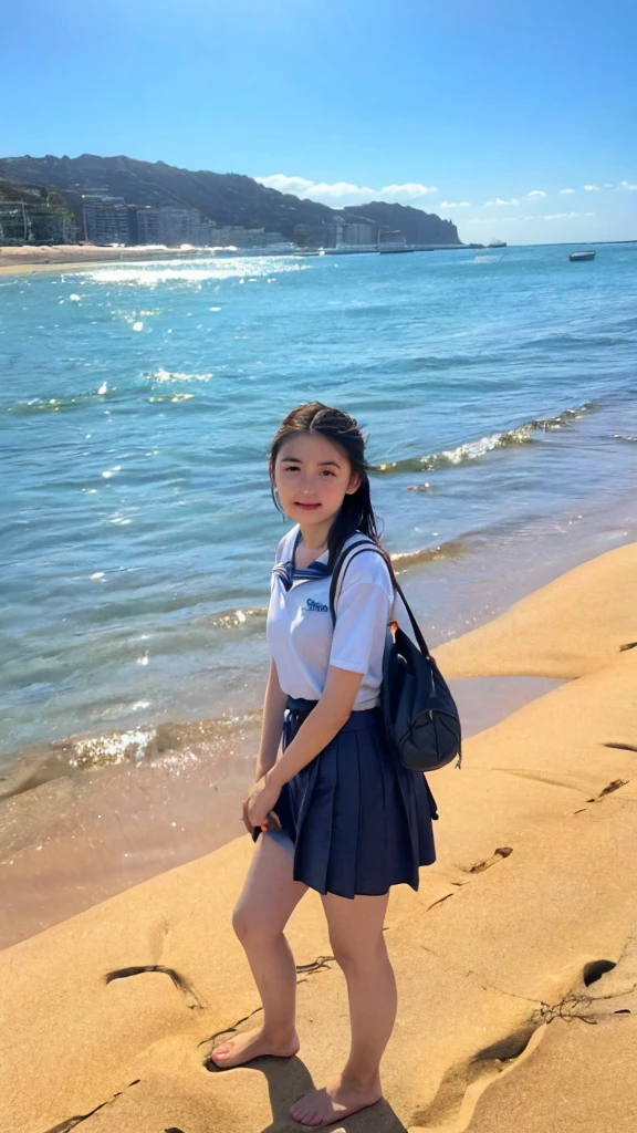 ((Highest quality, 8K, masterpiece: 1.3)), Sharp focus: 1.2, The seaside dyed in the sunset、Playing in the water alone、Cute Japanese Schoolgirl、Straight black hair up to the shoulders、Bangs are cut straight above the eyebrows、Traditional Japanese Uniform、The uniform is a sailor top with a white collar and navy blue lines.、Navy blue pleated skirt、A red scarf on the chest of the top、Roll up the sleeves of your uniform to your elbows、The hem of my skirt is a little wet too.、Walk barefoot on the sandy beach、The waves wash up at my feet、The legs are small and white、There is fine sand on my toes、Having fun on the beach、Scooping up seawater with your hands、Water touching my feet、A little bounce、They seem to be having fun.、The vast blue sea and white sand、Beautiful orange sky at sunset、A small island in the distance々、Seagulls are flying around、The beach is littered with small shells and driftwood.、The atmosphere is such that you can almost hear the sound of the waves.、A school bag carelessly placed on the beach、Carefully arranged shoes and socks、The bag is black in color、Relaxing after school、Fun memories at the end of summer