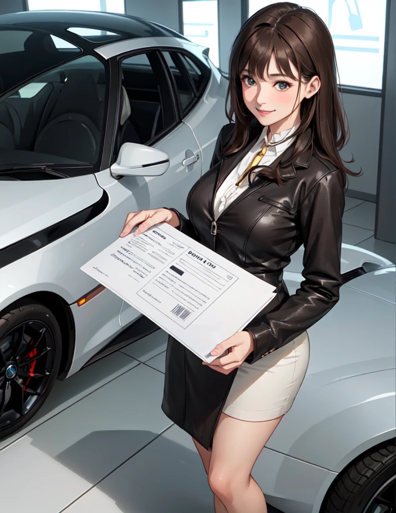 1lady solo standing, event staff (simple and chic costume), mature female, /(dark brown hair/) bangs, blush kind smile, (masterpiece best quality:1.2) delicate illustration ultra-detailed, large breasts BREAK (standing next to the latest model car), (holding pamphlet) BREAK (motor show indoors), audience, detailed background