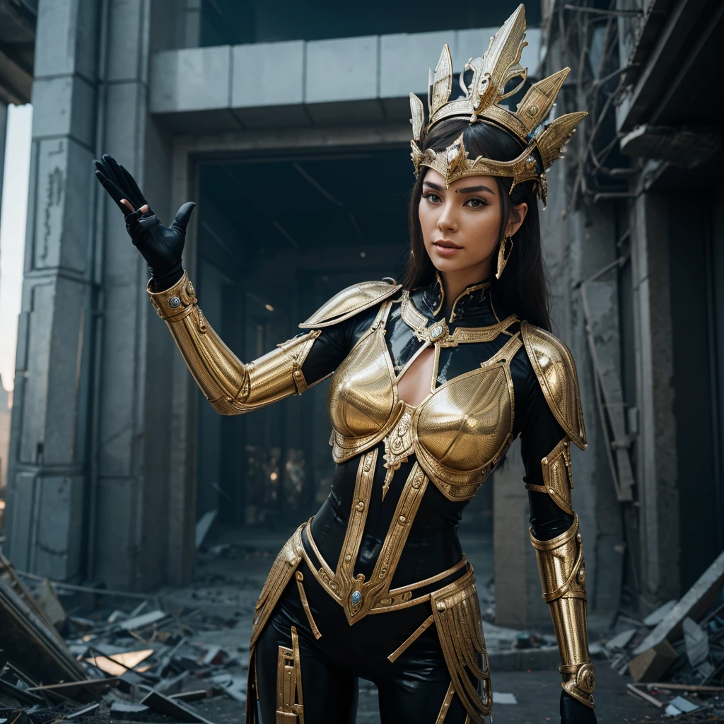 Woman in extravagant headdress, reminiscent of an ancient crown with futuristic elements.
full height, with long legs and seductive shapes.
Face with clearly defined features and metallic accents.
Suit made of transparent material with integrated luminous lines.
Background: post-apocalyptic world with destroyed buildings and remnants of technology.
outside: One arm raised up, as if she is addressing an audience or controlling something.