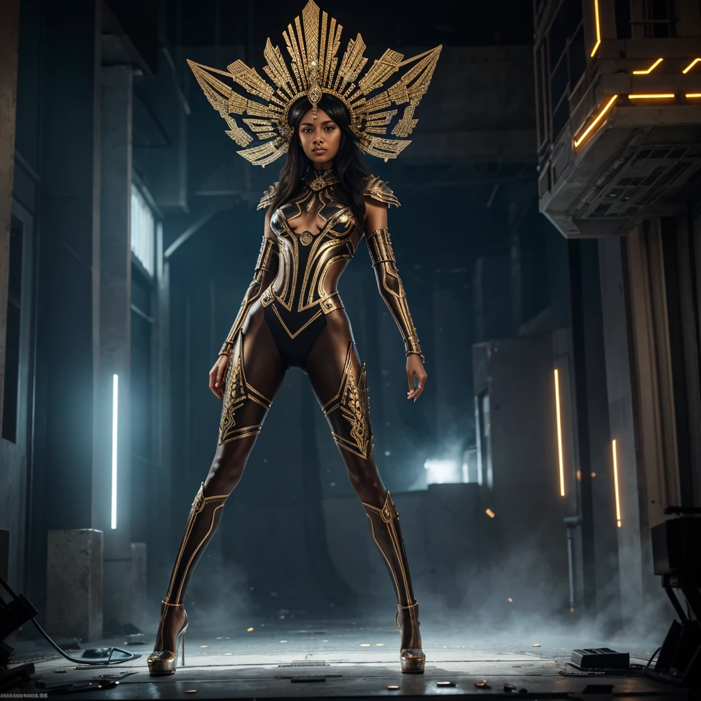 Woman in extravagant headdress, reminiscent of an ancient crown with futuristic elements.
full height, with long legs and seductive shapes.
Face with clearly defined features and metallic accents.
Suit made of transparent material with integrated luminous lines.
Background: post-apocalyptic world with destroyed buildings and remnants of technology.
outside: One arm raised up, as if she is addressing an audience or controlling something.