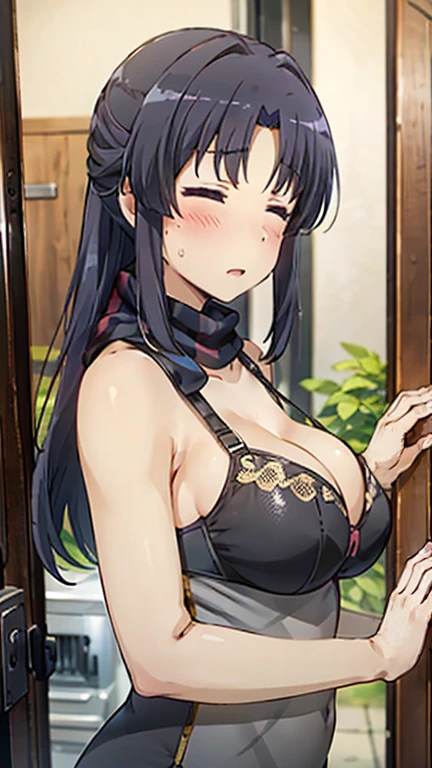 Miyauchi Kazuho,
Depicts only one woman,
Golden Hair,Wet hair texture,
(long hair.05),Ashime,Loose and fluffy perm,
Natural skin texture,Large Breasts,Narrow waist,
Slightly muscular body,
(Jet black one-piece dress:1.5),(Grey bra:1.5),
Black scarf,
Transparent clothes dress(Wear on top:1.2),
Golden Necklace,
countryside,stand up,
12:30pm,morning,
Shop,Near the entrance door,
Slightly larger breasts,expression(Puzzled),Hall々and attitude,
Closed Mouth,Closed Eyes,
blush,from the front,Broken posture,
Natural depiction,
Beautiful depiction,
Shiny eyes,
Healthy Body,
Natural hairstyle,
Natural body contours,
Natural facial contours,
(Five fingers)Absolute depiction,Symmetrical fingers,
Two arms,
Two legs,
Sharp eyelid depiction,
Symmetrical eyes,Symmetrical eyes,
Keep the subject in the center,Expand the upper body,
Beautiful image quality,
Delicate shades,
4K,Very detailed,
Delicate light adjustment,
Delicate contour drawing,