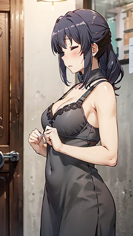 Miyauchi Kazuho,
Depicts only one woman,
Golden Hair,Wet hair texture,
(long hair.05),Ashime,Loose and fluffy perm,
Natural skin texture,Large Breasts,Narrow waist,
Slightly muscular body,
(Jet black one-piece dress:1.5),(Grey bra:1.5),
Black scarf,
Transparent clothes dress(Wear on top:1.2),
Golden Necklace,
countryside,stand up,
12:30pm,morning,
Shop,Near the entrance door,
Slightly larger breasts,expression(Puzzled),Hall々and attitude,
Closed Mouth,Closed Eyes,
blush,from the front,Broken posture,
Natural depiction,
Beautiful depiction,
Shiny eyes,
Healthy Body,
Natural hairstyle,
Natural body contours,
Natural facial contours,
(Five fingers)Absolute depiction,Symmetrical fingers,
Two arms,
Two legs,
Sharp eyelid depiction,
Symmetrical eyes,Symmetrical eyes,
Keep the subject in the center,Expand the upper body,
Beautiful image quality,
Delicate shades,
4K,Very detailed,
Delicate light adjustment,
Delicate contour drawing,