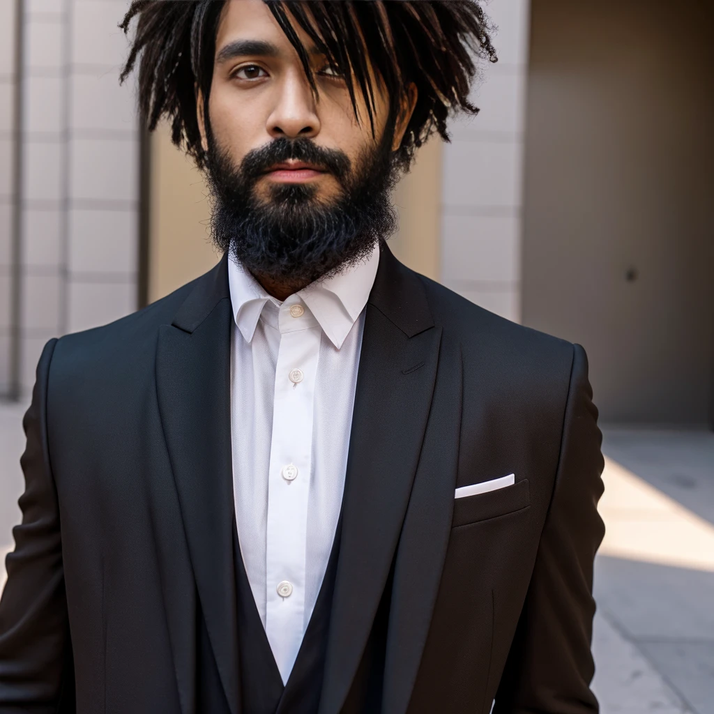 1 man, brown man, male, white eyes, muscular, broad shoulders, ,hairstyle Visual Kei style, hair Visual Kei, black men's shirt and black pants, ultra detailed face, hyperrealistic, realistic representation, 30 years old!,age 30 years! . Short hair, man in a suit, bearded man