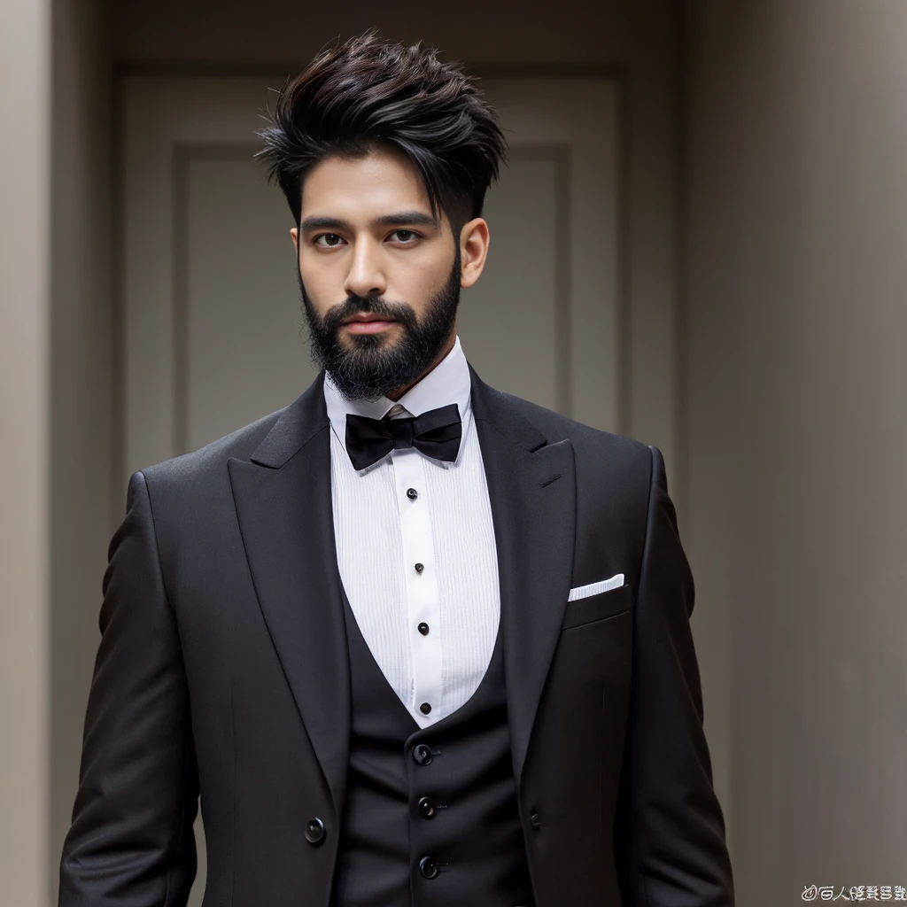 1 man, brown man, male, white eyes, muscular, broad shoulders, ,hairstyle Visual Kei style, hair Visual Kei, black men's shirt and black pants, ultra detailed face, hyperrealistic, realistic representation, 30 years old!,age 30 years! . Short hair, man in a suit, bearded man 