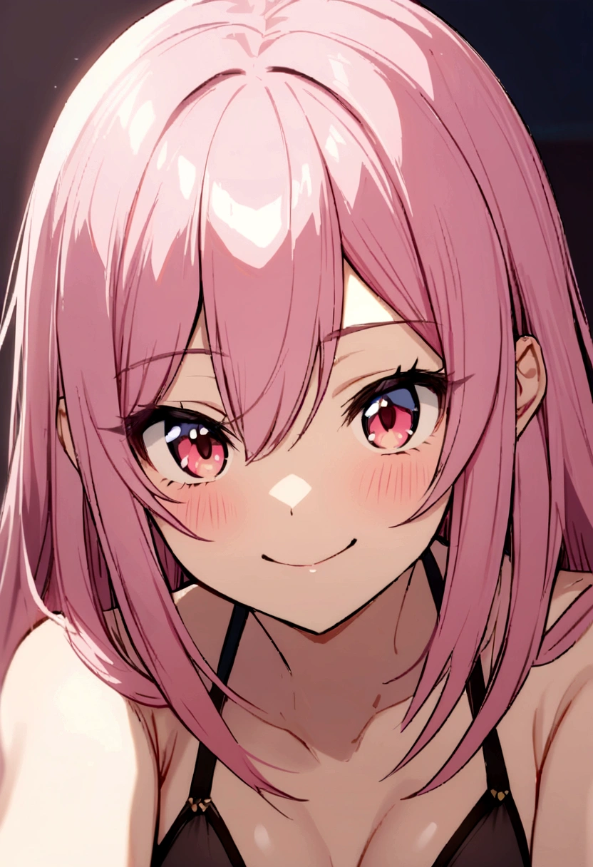 A girl in a bikini with a mischievous smile and straight pink hair
