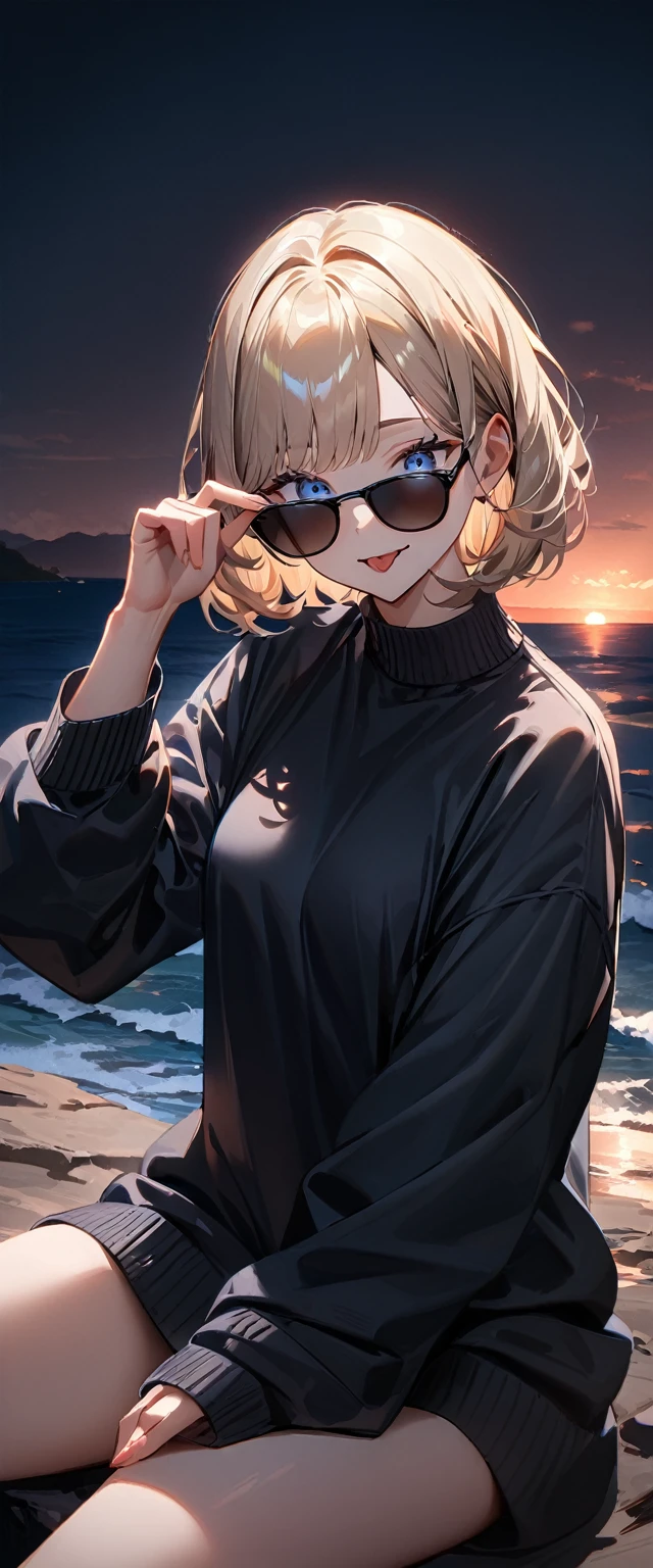 (((One girl))), (((portrait, face))), (((looking down))), ((outward curled hair)), from side:1.3, sea, beach, evening, Sunset, ((Sitting on a cliff)), (((Bare legs))), wavy hair, blond hair, open mouth, tongue out, ((sunglasses, hand to sunglasses)), (bob cut:1.3)), breasts, standard body, (looking at viewer), oversized clothes, puffy long sleeves, collarbone, ((off-shoulder sweater dress:1.3, Quite thick shoulder straps)), (((sleeves past wrists:1.3))), ((black sweater)), teenager, head tilt:1.3, (((blue eye))), ((happy smile)), (((anime style))), (best quality, 4K, 8K, highres, masterpiece:1.2, ultra-detailed, ultra-detailed eyes, HDR, uhd, studio lighting, ultra-fine painting, sharp focus, physically-based rendering, extreme detail description, professional, vivid colors, bokeh), ((Highest quality, Best image quality, Ultra-high resolution, Ultra-high resolution, solo, Strong eye highlights)), Depth of written boundary, Natural soft light, attractive, Beautiful Face, Cleanliness, Pure Face, medium chest, Beautiful Face, Perfect Fingers, Perfect hands, Perfect body, Perfect Face, Shine a light into your eyes, Perfect Anatomy