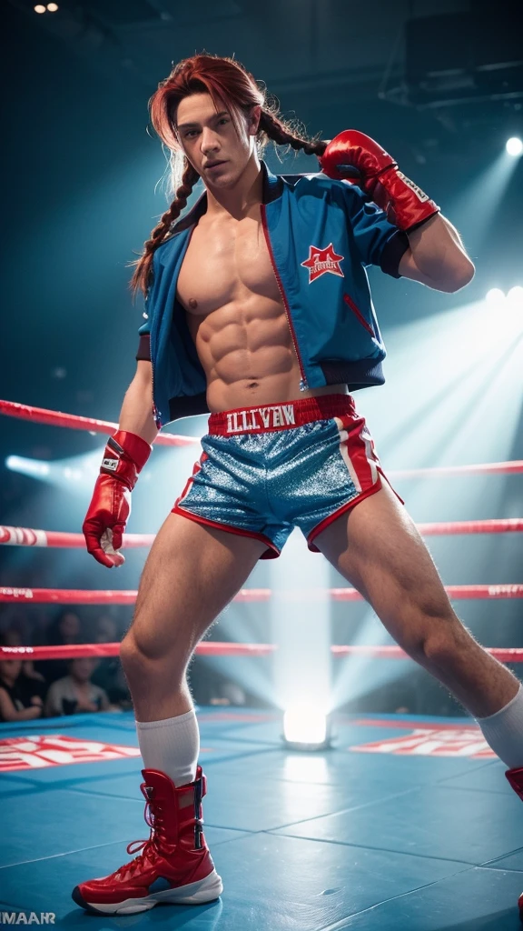 a male fighter who has dark red hair in two braids. he wears a blue jacket with glittery silver lining over a red training bra with a light blue "V" design in the center and white lining on the bottom, red boxer shorts with light blue lining and white stars on the hips, blue socks with white stripes on the top, and red boots with light blue lining and laces. he also wears a pair of gloves, the left one light blue and the right one yellow, hes is taking his jacket off. The photograh is him posing in an empty MMA ring