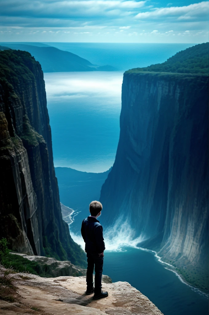 (A young boy standing on a cliff looking out at a vast.)