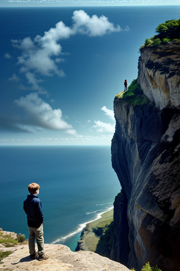 (A young boy standing on a cliff looking out at a vast.)