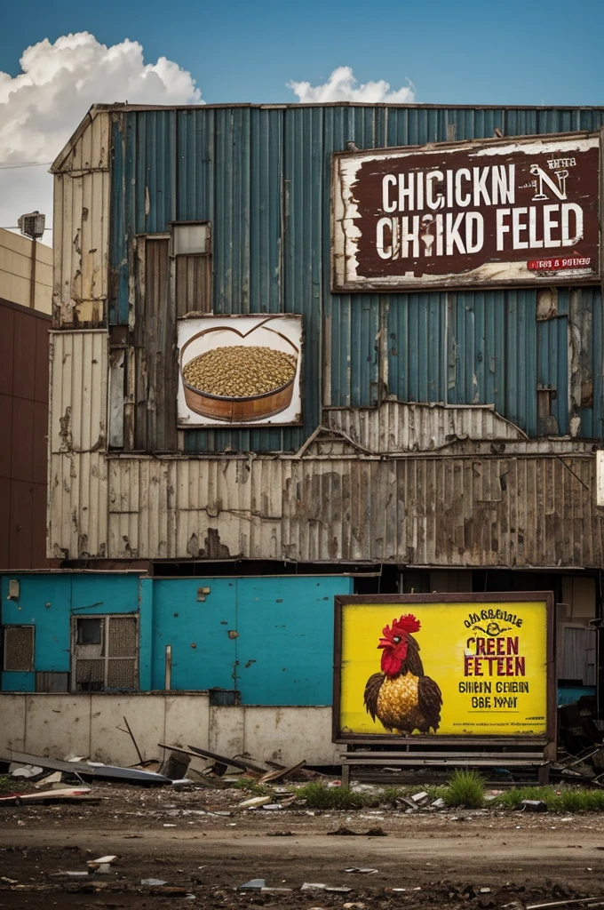 In the distance, a decrepit billboard advertised chicken feed in faded, peeling paint. The cheerful cartoon chicken on the sign, with its wide, vacant eyes and unsettlingly cheerful smile, seemed bizarrely out of place in the encroaching darkness, adding to the growing sense of unease.