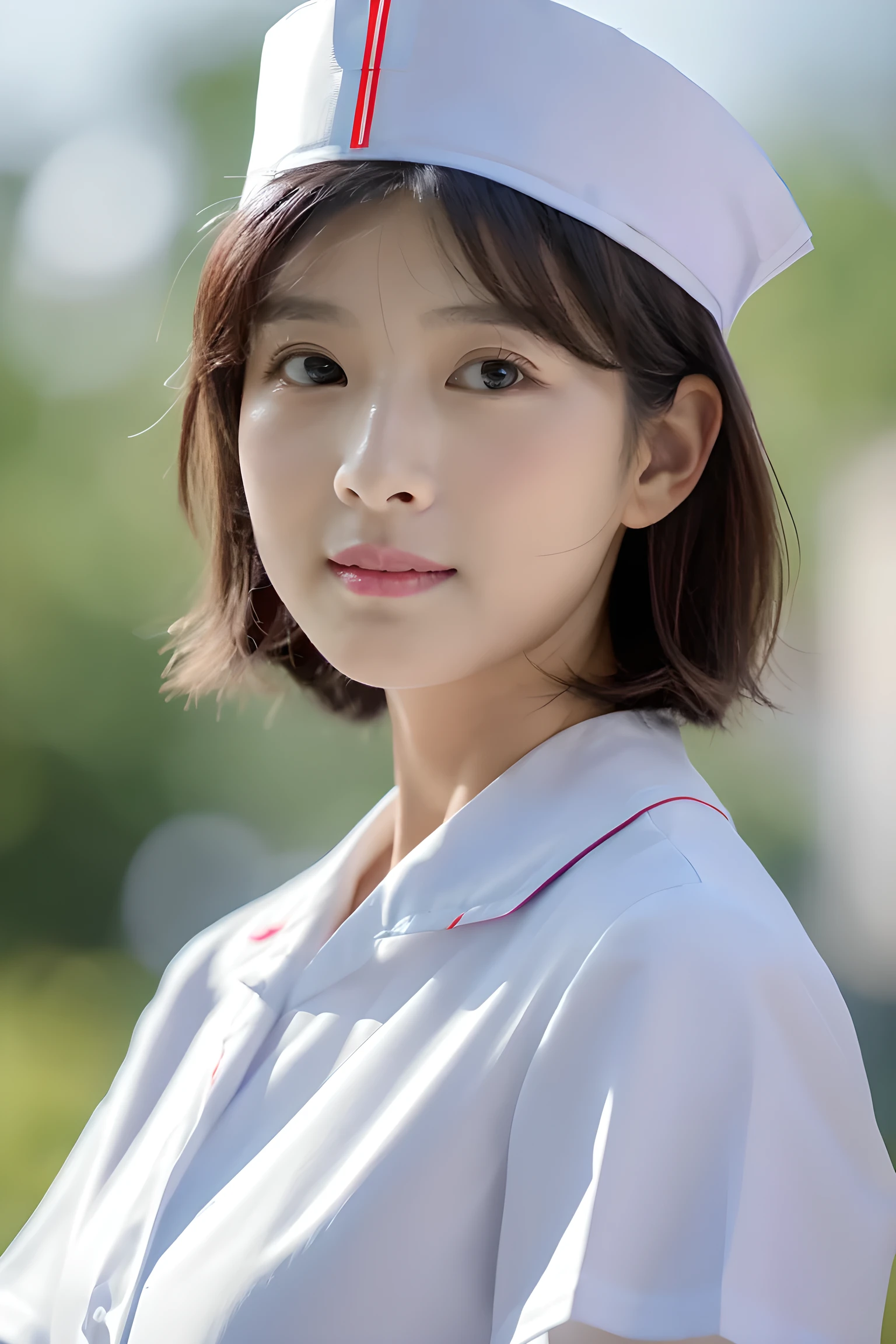 (8k, best quality, masterpiece:1.3), (Zoom out shot:1.2), (beautiful Japanese mature woman), shirt cut hair, (wearing white Nurse's uniform, Nurse's cap :1.2),