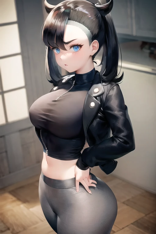 Marnie from pokemon, grey leggings, black shirt, white unzipped jacket