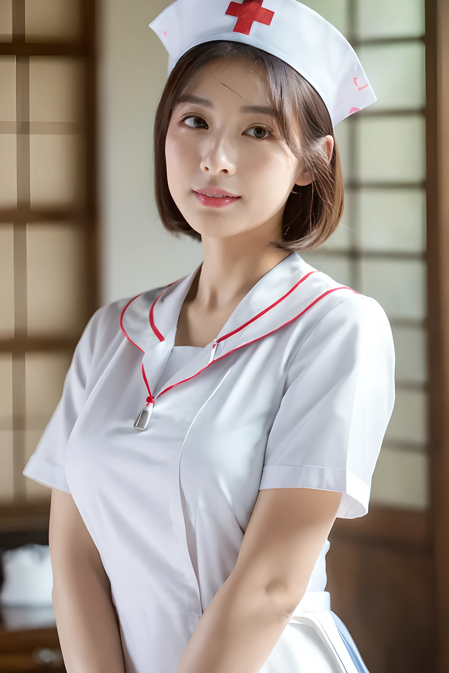 (8k, best quality, masterpiece:1.3), (Zoom out shot:1.2), (beautiful Japanese mature woman), shirt cut hair, (wearing white Nurse's uniform, Nurse's cap :1.2),