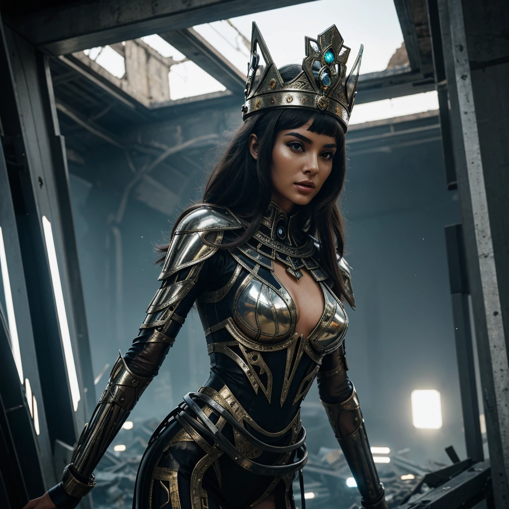 Woman in extravagant headdress, reminiscent of an ancient crown with futuristic elements.
full height, with long legs and seductive shapes.
Face with clearly defined features and metallic accents.
Suit made of transparent material with integrated luminous lines.
Background: post-apocalyptic world with destroyed buildings and remnants of technology.
outside: One arm raised up, as if she is addressing an audience or controlling something.