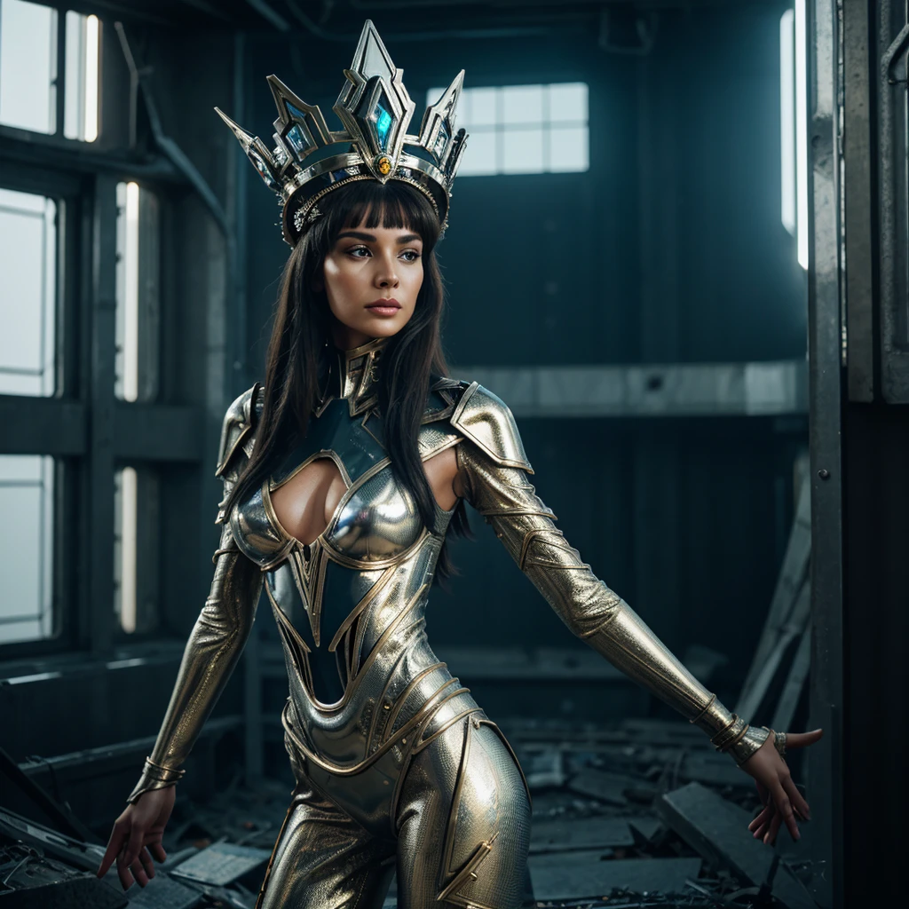 Woman in extravagant headdress, reminiscent of an ancient crown with futuristic elements.
full height, with long legs and seductive shapes.
Face with clearly defined features and metallic accents.
Suit made of transparent material with integrated luminous lines.
Background: post-apocalyptic world with destroyed buildings and remnants of technology.
outside: One arm raised up, as if she is addressing an audience or controlling something.