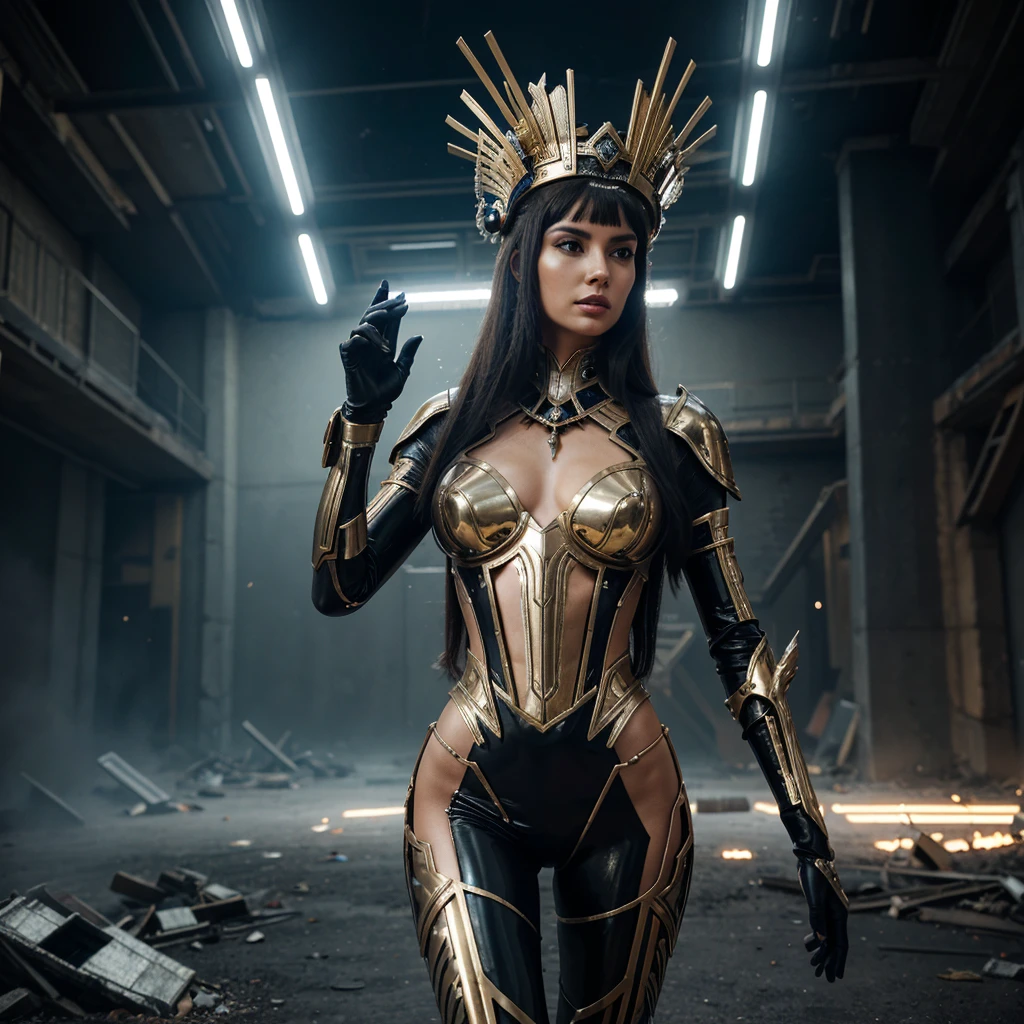 Woman in extravagant headdress, reminiscent of an ancient crown with futuristic elements.
full height, with long legs and seductive shapes.
Face with clearly defined features and metallic accents.
Suit made of transparent material with integrated luminous lines.
Background: post-apocalyptic world with destroyed buildings and remnants of technology.
outside: One arm raised up, as if she is addressing an audience or controlling something.