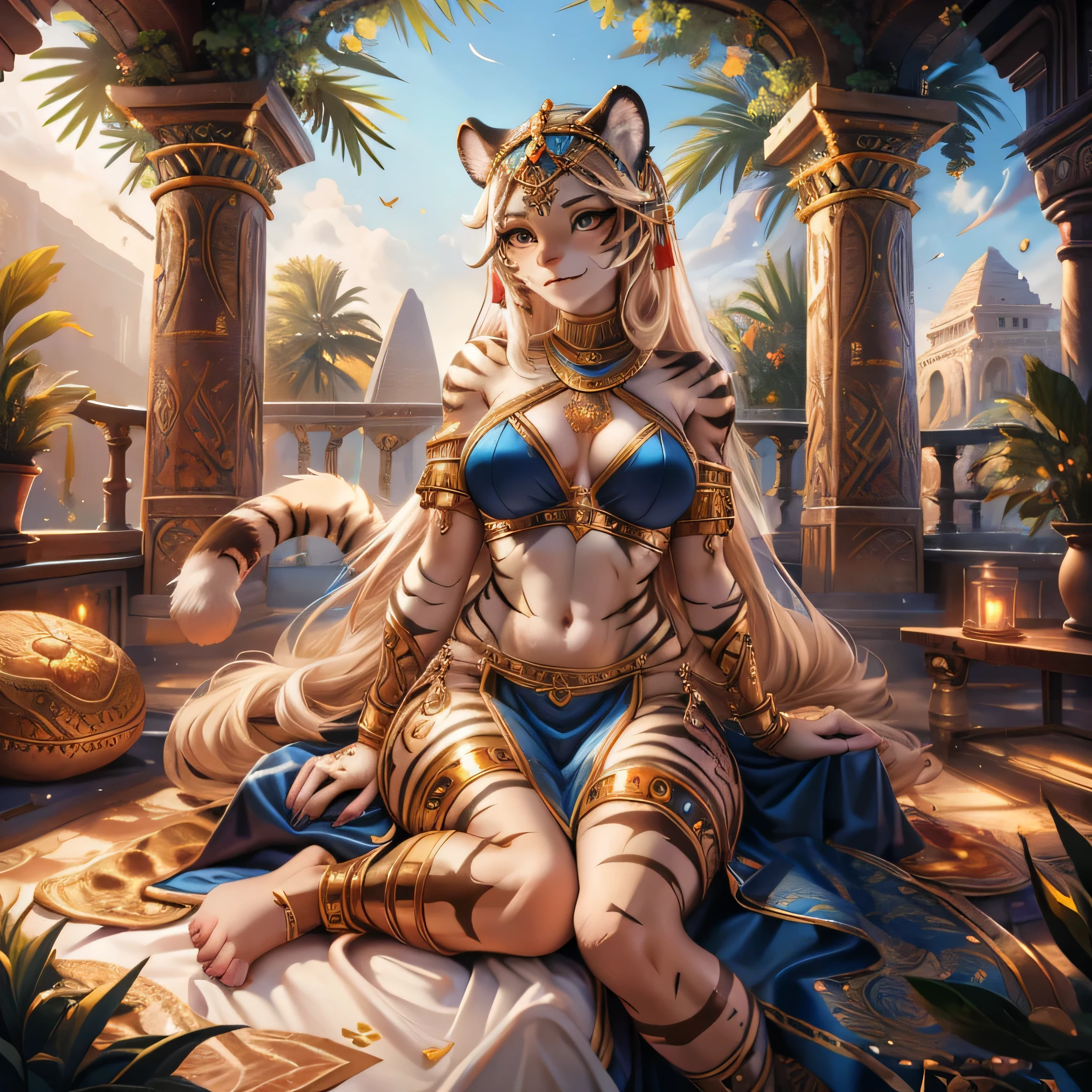 [Best quality, shaded, extreme detail, highly detailed, ultra detailed, intricate, realistic, intricate and detailed masterpiece of an Egyptian goddess], the goddess is of human-feline race, she is adorned with tattoos of a complex tiger, wearing goddess clothing, accompanied by her faithful white tiger companion, in a heavenly place.