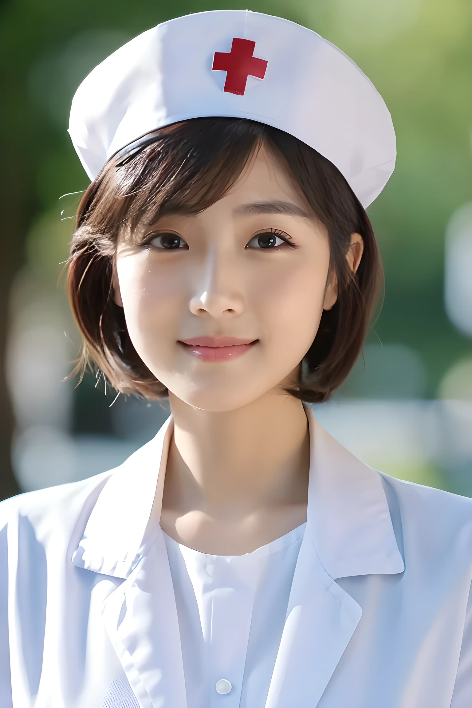 (8k, best quality, masterpiece:1.3), (Zoom out shot:1.2), (beautiful Japanese mature woman), shirt cut hair, (wearing white Nurse's uniform, Nurse's cap :1.2),