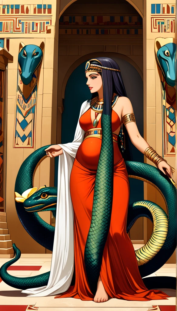 Femme égyptienne , avec une grosse poitrine, une peau de serpent, de l'Égypte antique, dans un temple égyptien, porte une robe rouge et couleur sable, épousant le corps, a de long cheveux raide noirs orné de nombreux bijoux,  la femme est enceinte de serpent, sa poitrine gonflé de lait, des crochets de serpent, visible lorsqu'elle sourit, a des yeux doré a pupilles reptilienne, porte un cobra noir 