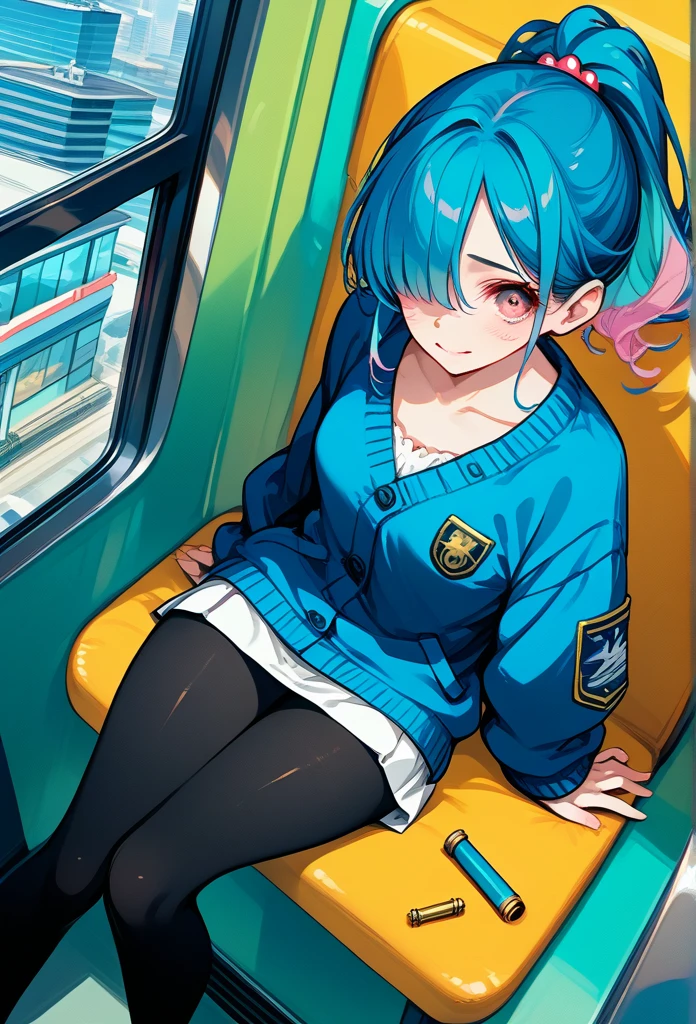 mature woman, mature face, pink eyes, shy expression, shy face, nervous smile, glossy lips, ponytail hair, (blue hair color, pink gradient hair color, azure color hair), bangs covering left eye, left blinding bangs hairstyle, mature body, small breasts, dark blue cardigan, short skirt, navy color skirt, pantyhose, sitting in train, bullet train, tokyo through windows, windows behind, above view