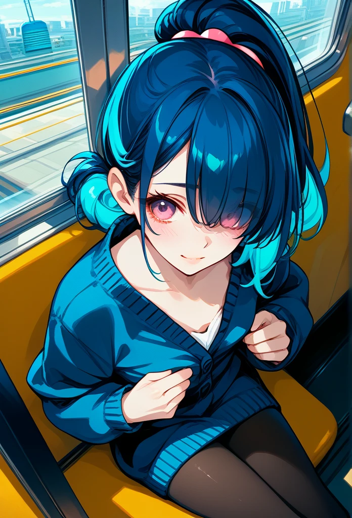 mature woman, mature face, pink eyes, shy expression, shy face, nervous smile, glossy lips, ponytail hair, (blue hair color, pink gradient hair color, azure color hair), bangs covering left eye, left blinding bangs hairstyle, mature body, small breasts, dark blue cardigan, short skirt, navy color skirt, pantyhose, sitting in train, bullet train, tokyo through windows, windows behind, above view