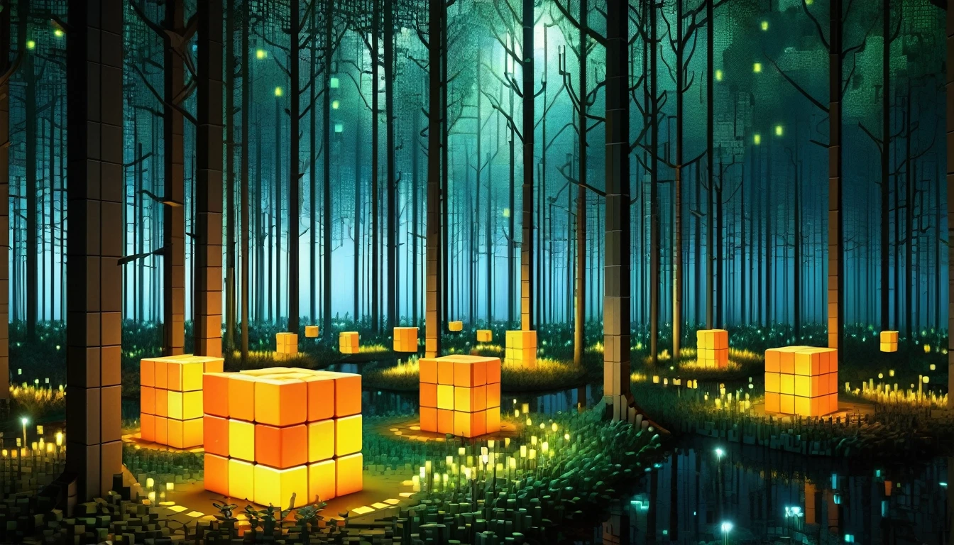 An enchanted forest made up of RAL-3D cubes, There are lots of small wildlife,Surrounded by the fantastic light of fireflies,Very beautiful secret forest,Small wild animals gather