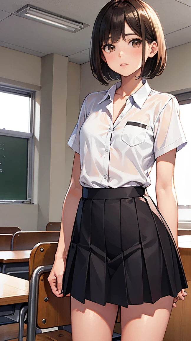 (1 woman), short bob, 18 years old, Japanese, brown eyes, brown hair, slim, (flat chest), high school girl, classroom, summer uniform break at school. Blouse was white and transparent, so bra was visible. Black bra