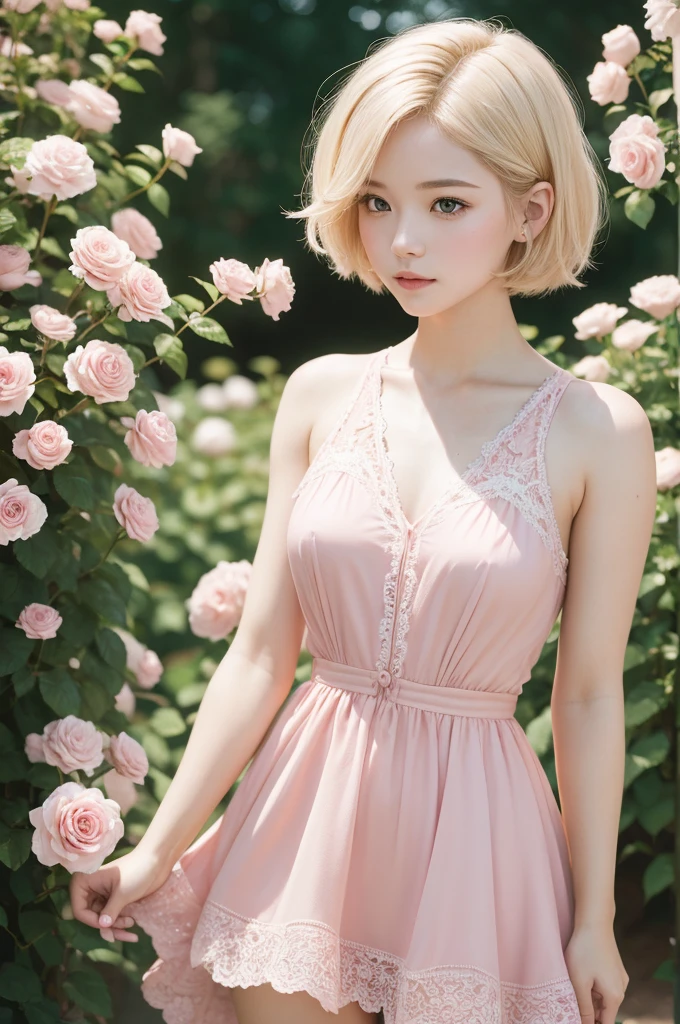 8K, CRU photo, Fujifilm, style photo of a beautiful young woman like Avril in a light pink rose garden (highly detailed skin: 1.2) Style-Petal BREAK short hair, blonde hair with colored highlights, wearing a dress, film grain, 35mm, cute style