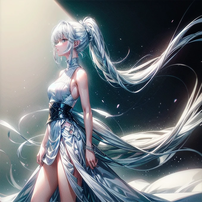 A girl with white hair and high ponytail，Dressed in a long white dress，Black pants，No other decoration，Clean white legs，Bare arms，Simple skirt，Clothing not fitting