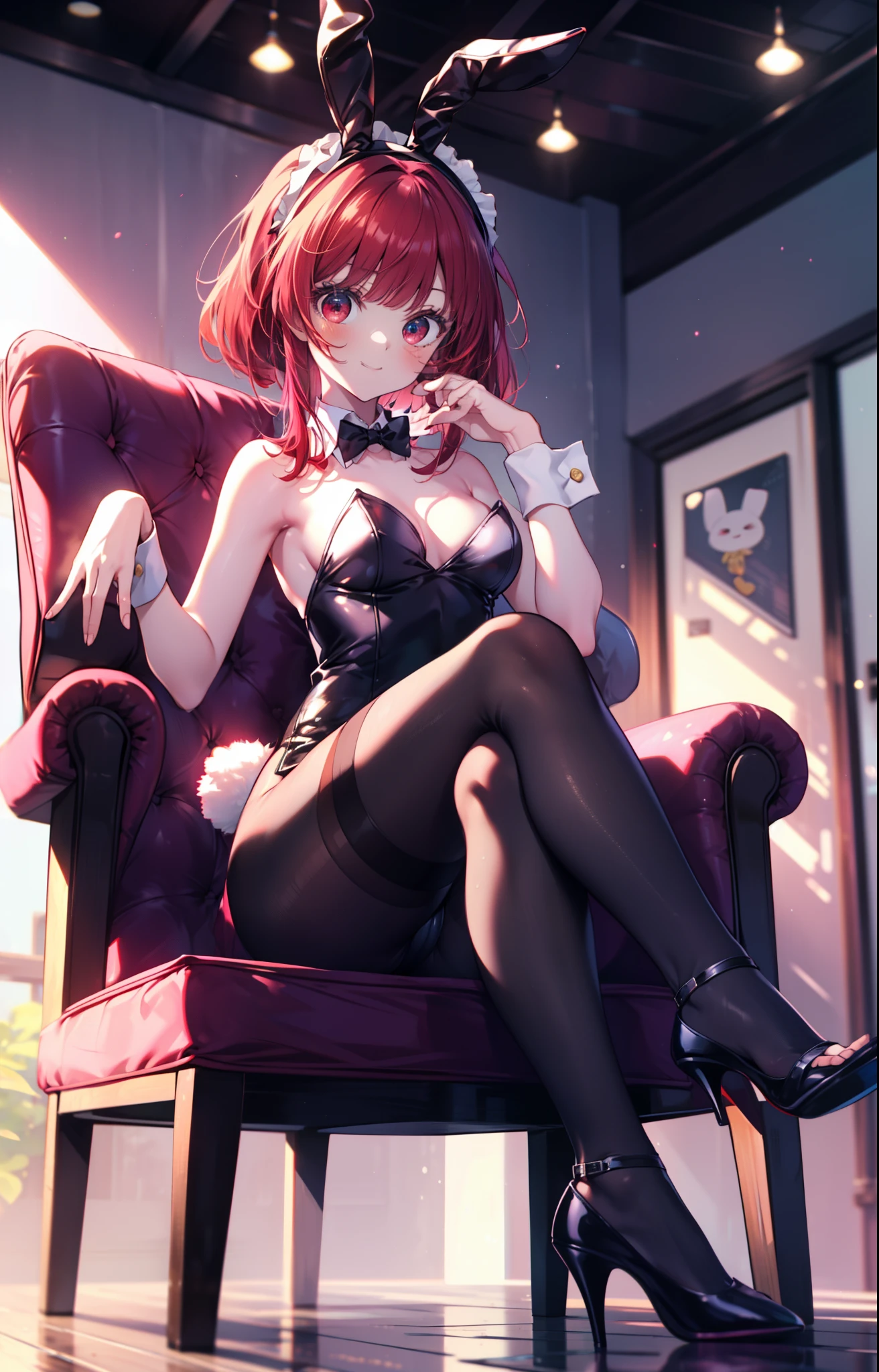 Arima Kana, (Red eyes:1.5), Bob Hair,smile,Redhead,Small breasts,(Bunny girl:1.5),(Black Playboy Bunny:1.0),Bunny ears headband,Fishnet tights,Stiletto heels,sitting cross-legged on a chair,whole bodyがイラストに入るように
break looking at viewer,whole body,
break indoors, stage,
break (masterpiece:1.2), Highest quality, High resolution, unity 8k wallpaper, (shape:0.8), (Beautiful and beautiful eyes:1.6), Highly detailed face, Perfect lighting, Extremely detailed CG, (Perfect hands, Perfect Anatomy),