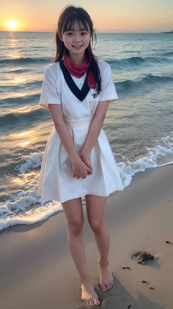 ((Highest quality, 8K, masterpiece: 1.3)), Sharp focus: 1.2, The seaside dyed in the sunset、Playing in the water alone、Cute Japanese Schoolgirl、Straight black hair up to the shoulders、Bangs are cut straight above the eyebrows、Traditional Japanese Uniform、The uniform is a sailor top with a white collar and navy blue lines.、Navy blue pleated skirt、A red scarf on the chest of the top、Roll up the sleeves of your uniform to your elbows、The hem of my skirt is a little wet too.、Walk barefoot on the sandy beach、The waves wash up at my feet、The legs are small and white、There is fine sand on my toes、Having fun on the beach、Scooping up seawater with your hands、Water touching my feet、A little bounce、They seem to be having fun.、The vast blue sea and white sand、Beautiful orange sky at sunset、A small island in the distance々、Seagulls are flying around、The beach is littered with small shells and driftwood.、The atmosphere is such that you can almost hear the sound of the waves.、A school bag carelessly placed on the beach、Carefully arranged shoes and socks、The bag is black in color、Relaxing after school、Fun memories at the end of summer