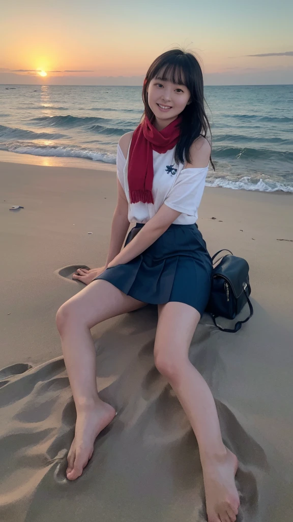 ((Highest quality, 8K, masterpiece: 1.3)), Sharp focus: 1.2, The seaside dyed in the sunset、Playing in the water alone、Cute Japanese Schoolgirl、Straight black hair up to the shoulders、Bangs are cut straight above the eyebrows、Traditional Japanese Uniform、The uniform is a sailor top with a white collar and navy blue lines.、Navy blue pleated skirt、A red scarf on the chest of the top、Roll up the sleeves of your uniform to your elbows、The hem of my skirt is a little wet too.、Walk barefoot on the sandy beach、The waves wash up at my feet、The legs are small and white、There is fine sand on my toes、Having fun on the beach、Scooping up seawater with your hands、Water touching my feet、A little bounce、They seem to be having fun.、The vast blue sea and white sand、Beautiful orange sky at sunset、A small island in the distance々、Seagulls are flying around、The beach is littered with small shells and driftwood.、The atmosphere is such that you can almost hear the sound of the waves.、A school bag carelessly placed on the beach、Carefully arranged shoes and socks、The bag is black in color、Relaxing after school、Fun memories at the end of summer
