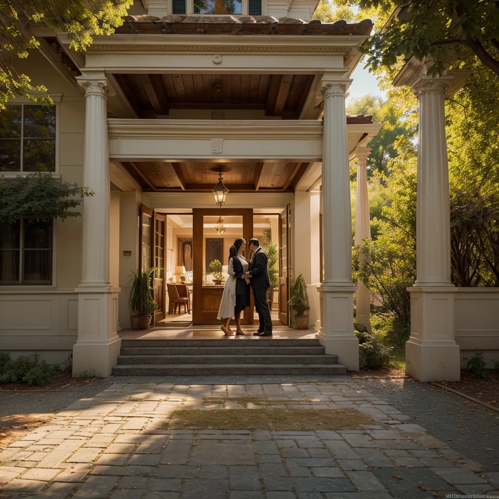 Evoking the essence of a meticulously crafted three-story classical mansion exterior in a digital illustration format. This work draws inspiration from the renowned artist Thomas Kinkade. The mansion is surrounded by a picturesque landscape, each detail carefully rendered, harmonizing nature and architectural grandeur. A balanced color temperature enriches the scene with a golden glow. The characters' faces bear content expressions, mirroring the tranquil ambiance. Illuminated by warm light, the scene imparts a dreamlike quality and a sense of serenity