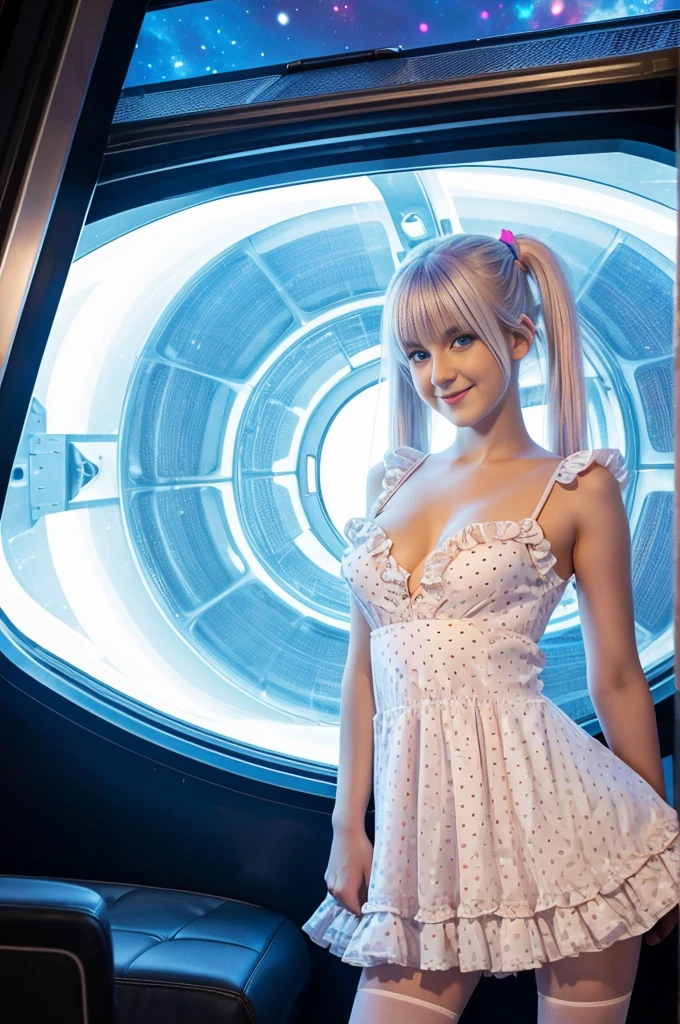 various cute 19-year-old neon haired women, natural posture, pale white skin, happy, smiling, in twin tails, perfect blue eyes, pale goth skin, silky smooth skin, flying a fancy metal luxurious space ship, futuristic spaceship, outer space seen in windows, dark warm lighting, they are wearing various low-cut futuristic dresses, each a different low cut dress, pleated (chemise) mini dress (pastel rainbow colors, and polka dots), puffy sleeves low cut top, cleavage showing, silk, ((frilly pantyhose under dress)), tights, cute short cut booties, boots.