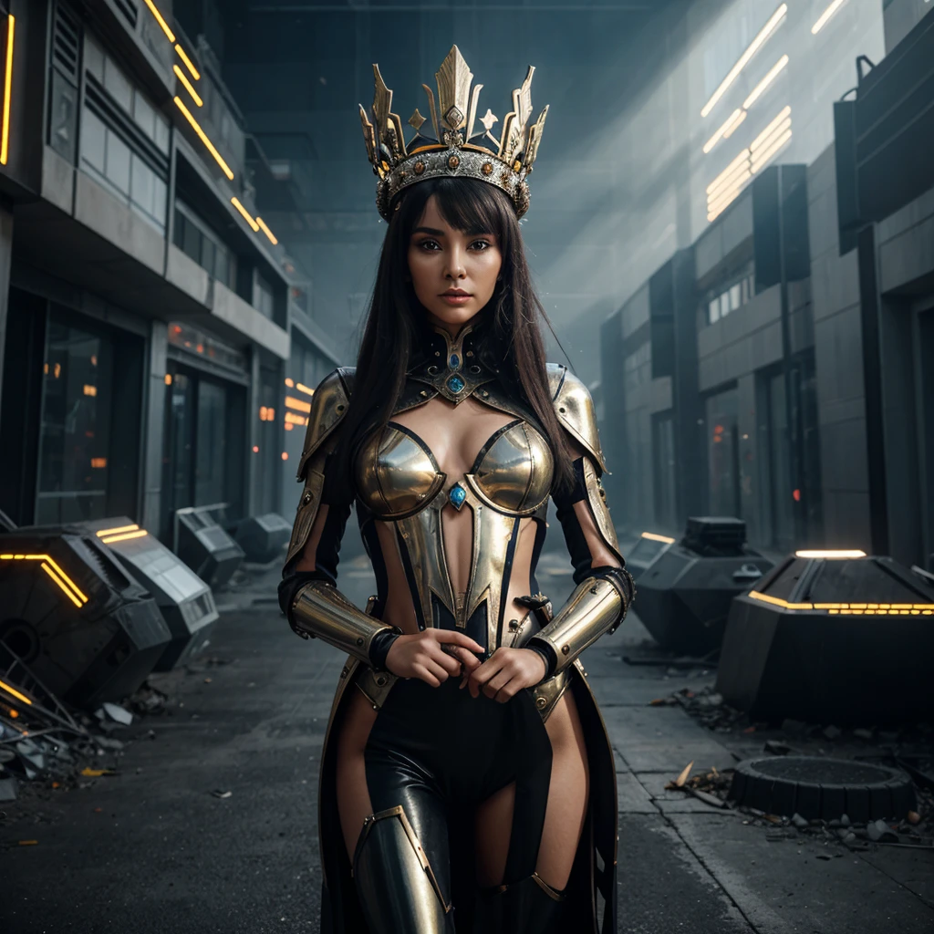 Woman in extravagant headdress, reminiscent of an ancient crown with futuristic elements.
full height, with long legs and seductive shapes.
Face with clearly defined features and metallic accents.
Suit made of transparent material with integrated luminous lines.
Background: post-apocalyptic world with destroyed buildings and remnants of technology.
outside: One arm raised up, as if she is addressing an audience or controlling something.