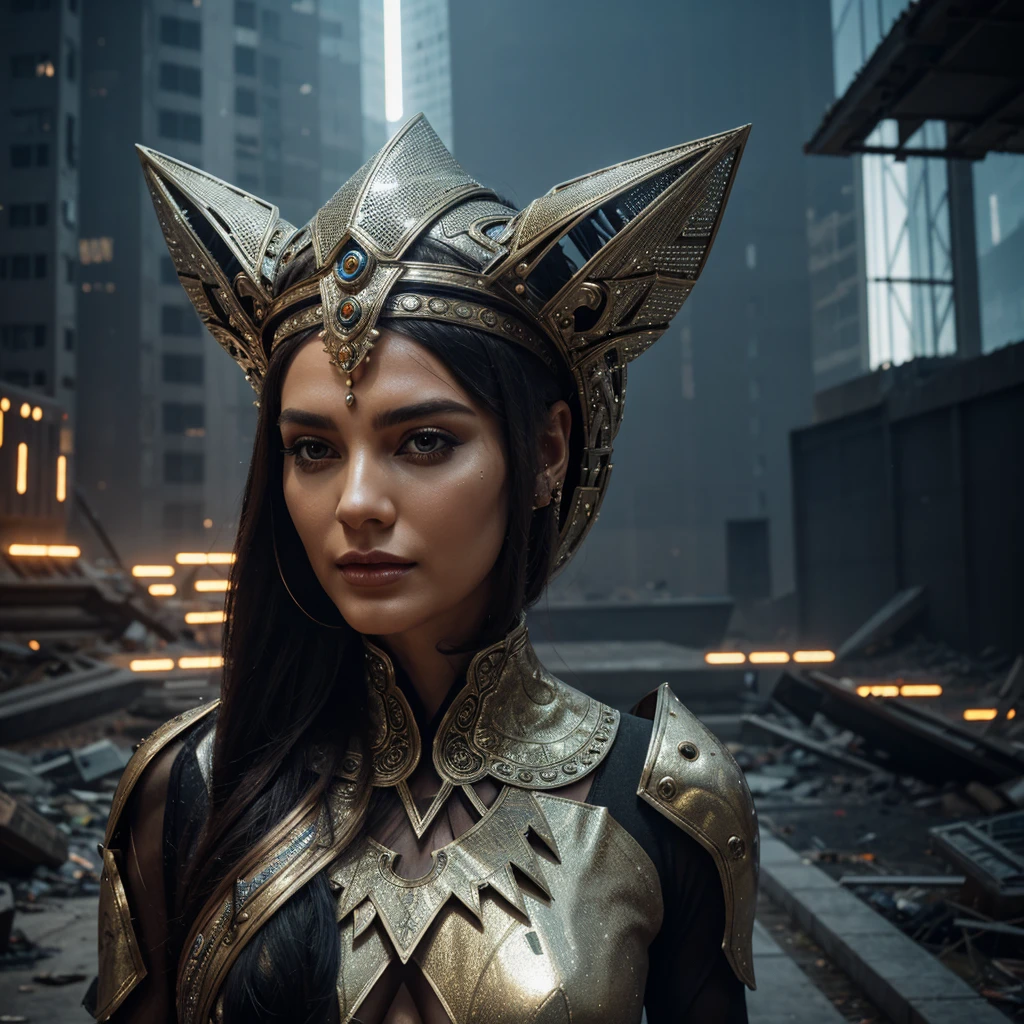 Woman in extravagant headdress, reminiscent of an ancient crown with futuristic elements.
full height, with long legs and seductive shapes.
Face with clearly defined features and metallic accents.
Suit made of transparent material with integrated luminous lines.
Background: post-apocalyptic world with destroyed buildings and remnants of technology.
outside: One arm raised up, as if she is addressing an audience or controlling something.