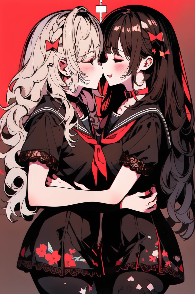 (((YURI))), Perfect Face, Multiple Girls, (((2Girls))), ((Brown Hair Gril, Short Hair)), ((Blonde Hair Girl, Wavy Hair)), (((Two Friendly Girls:1.4))), ((Hug)), Open Mouth:0.5, kiss:0.5, (((Symmetrical Posture, Cheeks Touching:1.5))), (((Smile))), ((Closed Eyes)), BREAK;
(MakeUp, Red Eyeliner), (Wavy Hair, Short Hair), ((School Uniform, Sailor Suit, Dark Brown Collar, Dark Brown Shirts, Short Sleeve, Red Neckerchief)), ((School, Dark Brown Skirt)), (Brown Lace Pantyhose, Lace:1.5), Thighs:1.1, (Brown Loafers), Slender Body, ((Small Breasts:1.4)), Red Nails,
BREAK;
(8K, Best Quality, Ultra Detailliert, Highres, Absurdres, Perfect Anatomy, Masterpiece), Strong Outline, Five Fingers, (Blush), ((Posed Photo:1.3)), ((Wide-Angle Photo:1.3)), Dutch Angle, (Floral Print:1.3), (White BackGround), (Flower BackGround:1.3), (Floral BackGround:1.3),