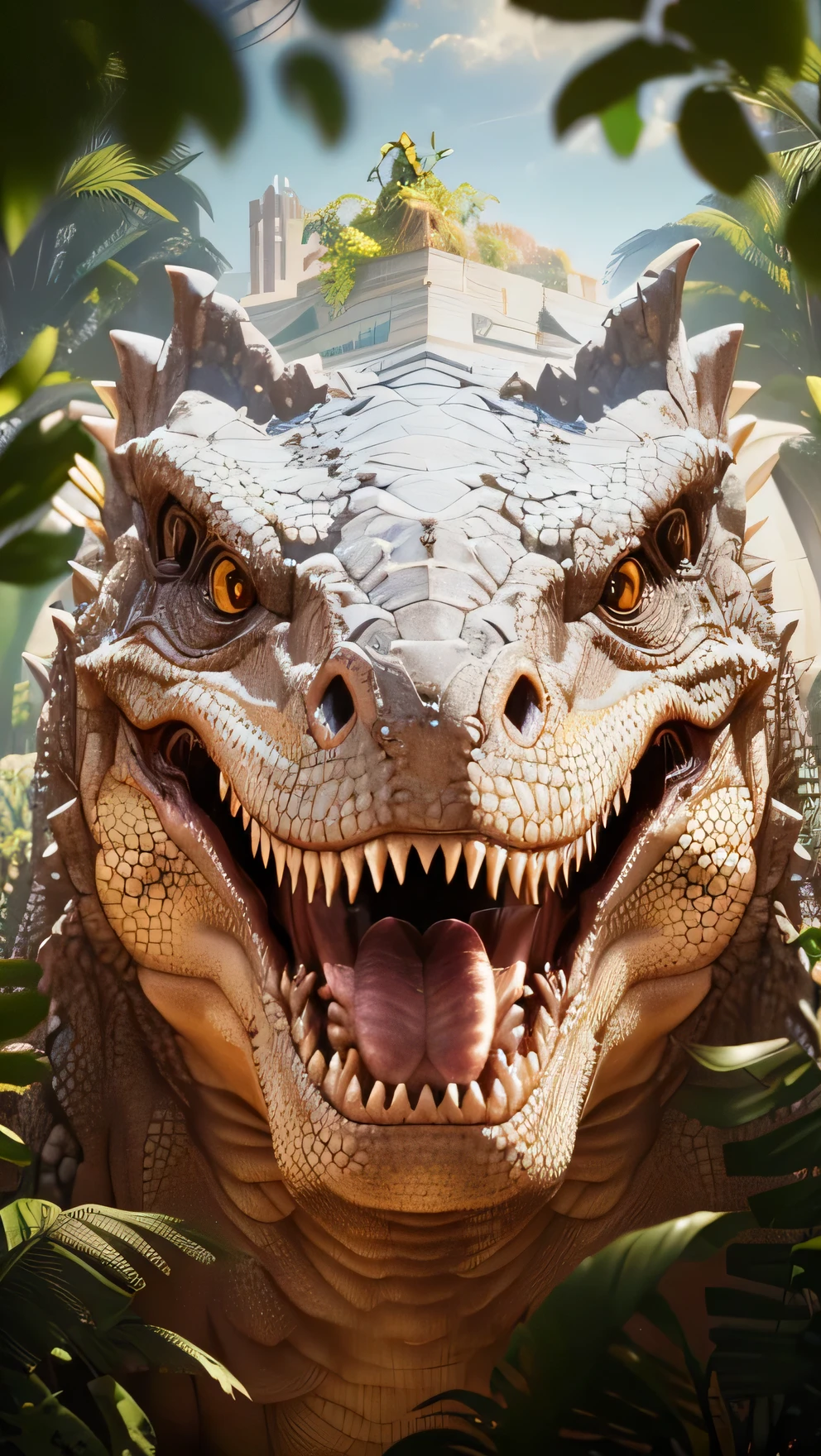 A large-mouthed, grinning dinosaur, a reptilian face, Jurassic world, a large lizard head, intense expression, 4K, 8K hyper-realistic biology, highly realistic and detailed, hyper-realistic and meticulous, hyper-realistic 3D illustration, surreal and detailed, surreal fantasy monster, meticulously detailed, 3D CG, 3D computer graphics