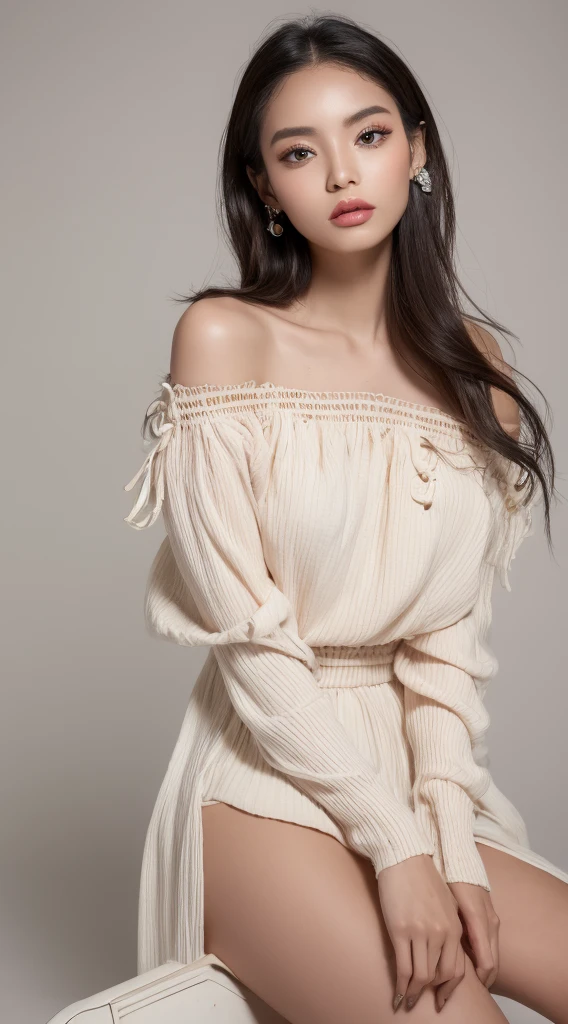 1 African model , Hair Model, Unique hair details, Off Shoulder Blouse Fashion, Near future, double eyelid, Fuller lips, Professional makeup, Perfect full-body shot, Knee-high boots