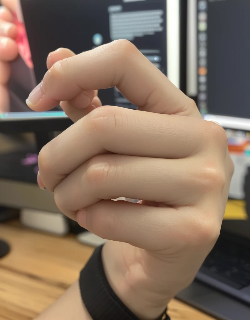 someone is holding a cell phone in their hand in front of a computer, bump in form of hand, right hand side profile, corrected hand, close-up of thin soft hand, with index finger, hand gesture, realistic hand, sitting on man's fingertip, back of hand on the table, high detail of a hand, heavy gesture style closeup