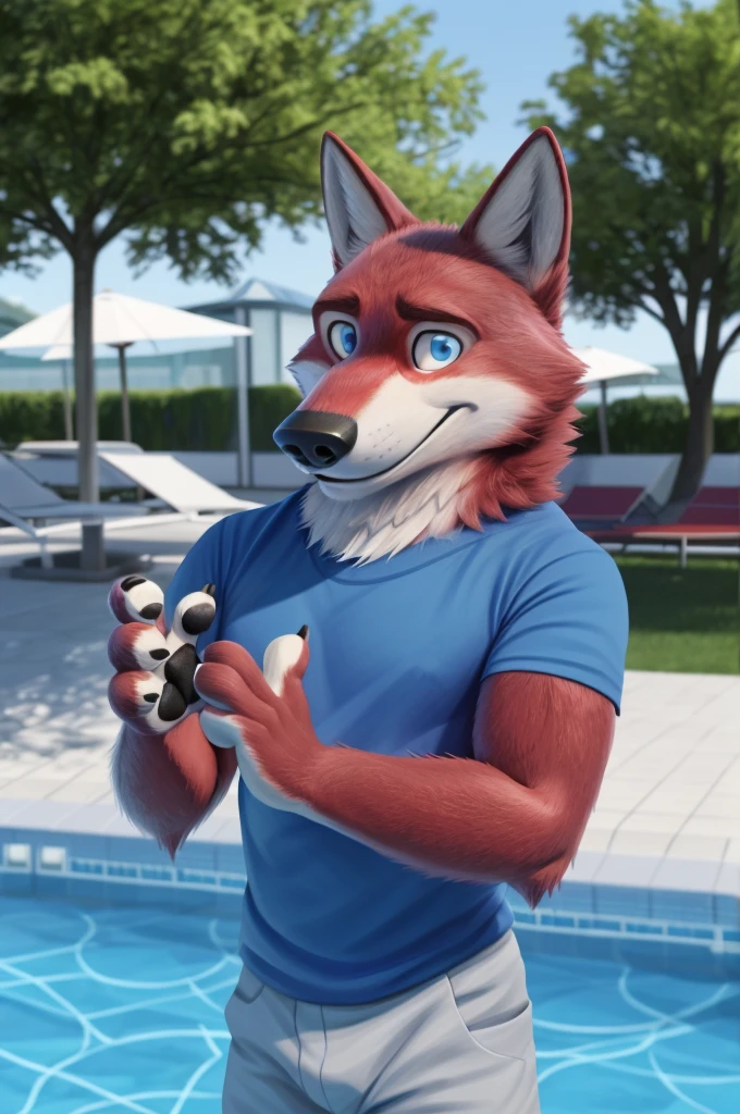 Ivan Wolfbach (Аэропорт Domodedovo),high,Beautiful,slim,24 years,wolf, red fur,high Beautiful wolf, 24 years,(red body:1.3),beautiful blue eyes,Domodedovo, Russia, Аэропорт Domodedovo,t-shirt, trousers,canine, wolf, detailed fur, male, antro, paw pads, finger claws, at viewer, 5 fingers, paws, 5 fingers,day,digital photography, soft focus,good настроение на стойке регистрации,,photorealism, realistic, photorealistic,digital style,the office is close , Very close to the camera, digital photography, smile positive, good,mood pilot, of Education, goes to the pool,
masterpiece, Best quality, ultra realistic, 8 k)