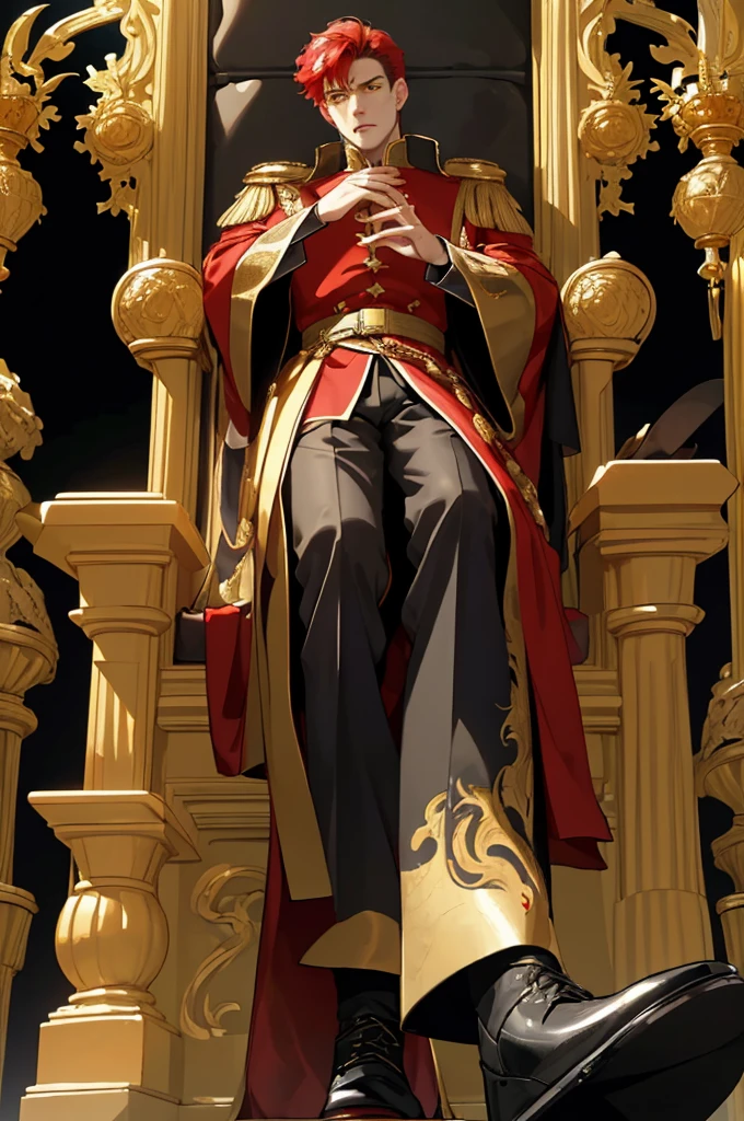 (masterpiece, highest quality), a low perspective view of a young man inside a throne room walking he has red hair and yellow eyes and five fingers , he is also wearing a red royal medieval clothing and has golden medals on his chest, and is wearing black noble shoes, and in the background is the ceiling of the throne room