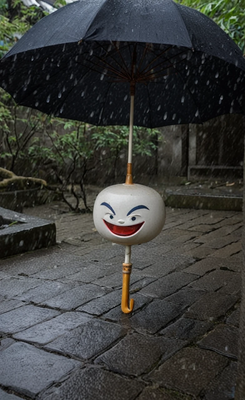 Kasa-obake, umbrella spirit with a single eye and a mischievous smile, haunting a deserted shrine courtyard on a rainy night, high resolution, raindrops patterning on its surface, ancient worn stone pavement